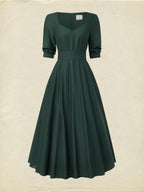 Midi Linen Dress , Half Sleeve, Sweetheart Neck, Plain, Vintage, Deep Green