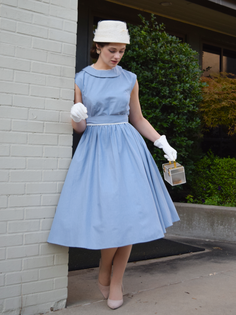Linen Midi Dress, Sleeveless, Crew Neck, Plain, Vintage, Blue