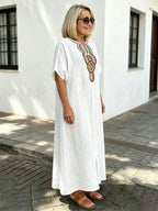Cotton and Linen Embroidered Split Dress