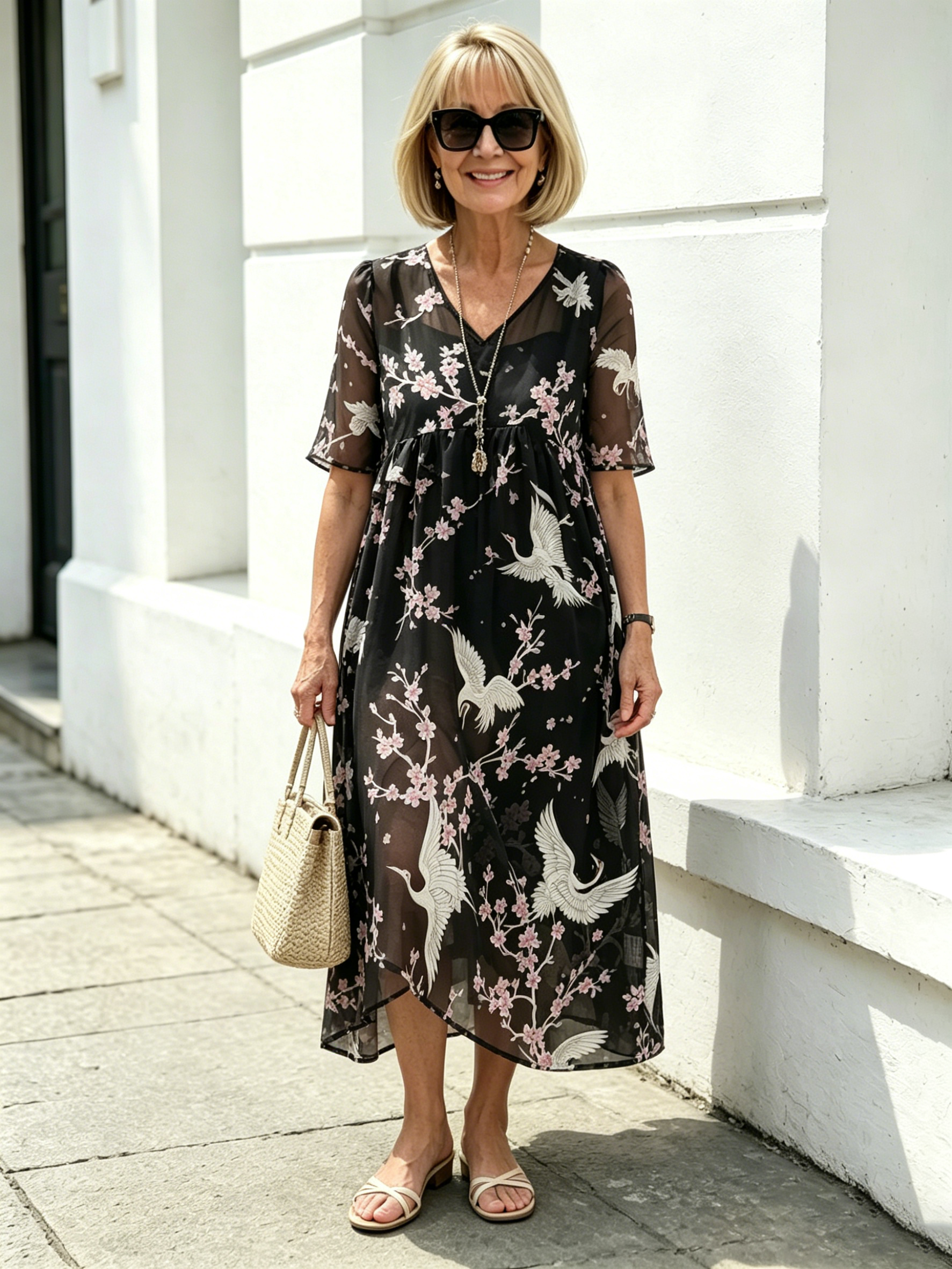 Blush Pink Floral Chiffon Maxi Dress, Round Neck Short Sleeve Loose Tummy Concealing Age-Reducing Dress for Mature Women