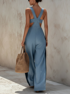 Light Blue Denim Colorblock Backless Wide Leg Jumpsuit