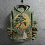 Japanese Pine Tree Waterfall Landscape Embroidered Full Zip Hoodie