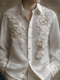 Men's Vintage Floral Lace Embroidered Linen Blouse