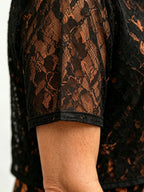 Red Gold Floral Lace Fake Two-Piece Midi Dress, Round Neck Short Sleeve Slimming Elegant Dress for Elderly Women
