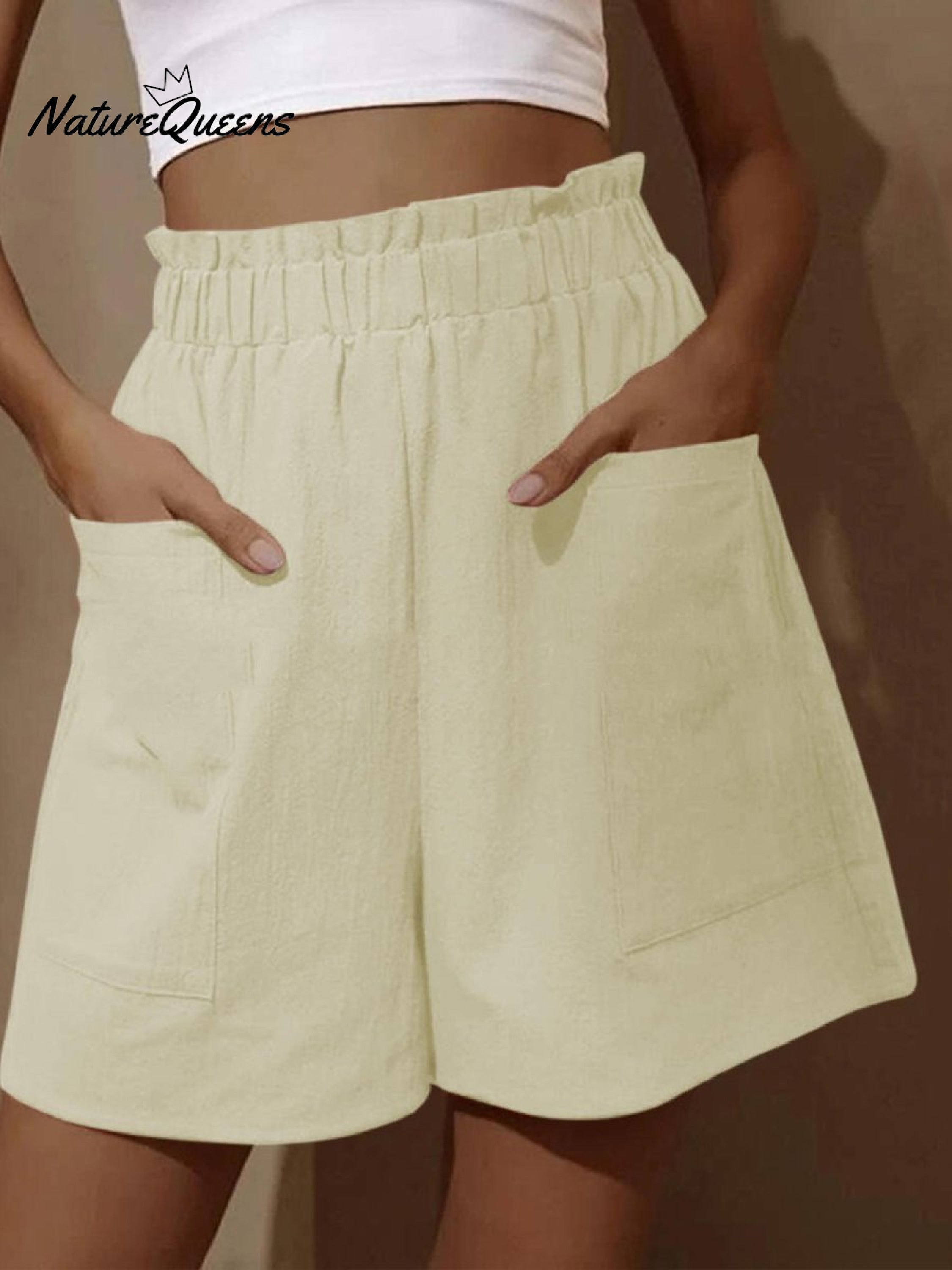 Cotton and Linen Wear High-waisted Shorts with Buds