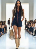 Western Retro Red Line Dark Blue Denim Sleeveless Shorts Jumpsuit