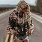 Women's Classic Romantic Pink Rose Embroidery Art Comfy Hoodie
