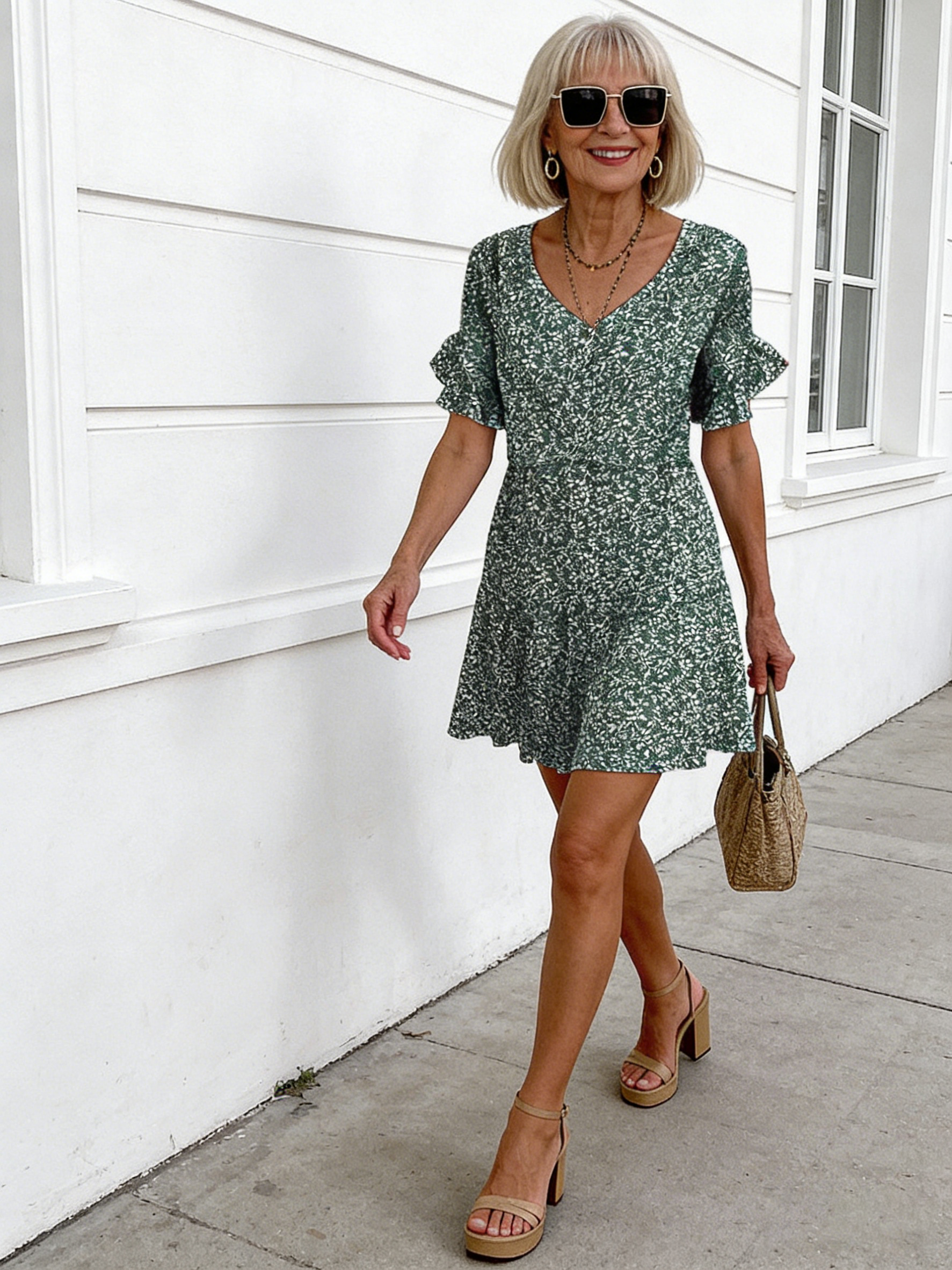 Fashion Short Printed Lotus Leaf Edge Pocket Dress Women