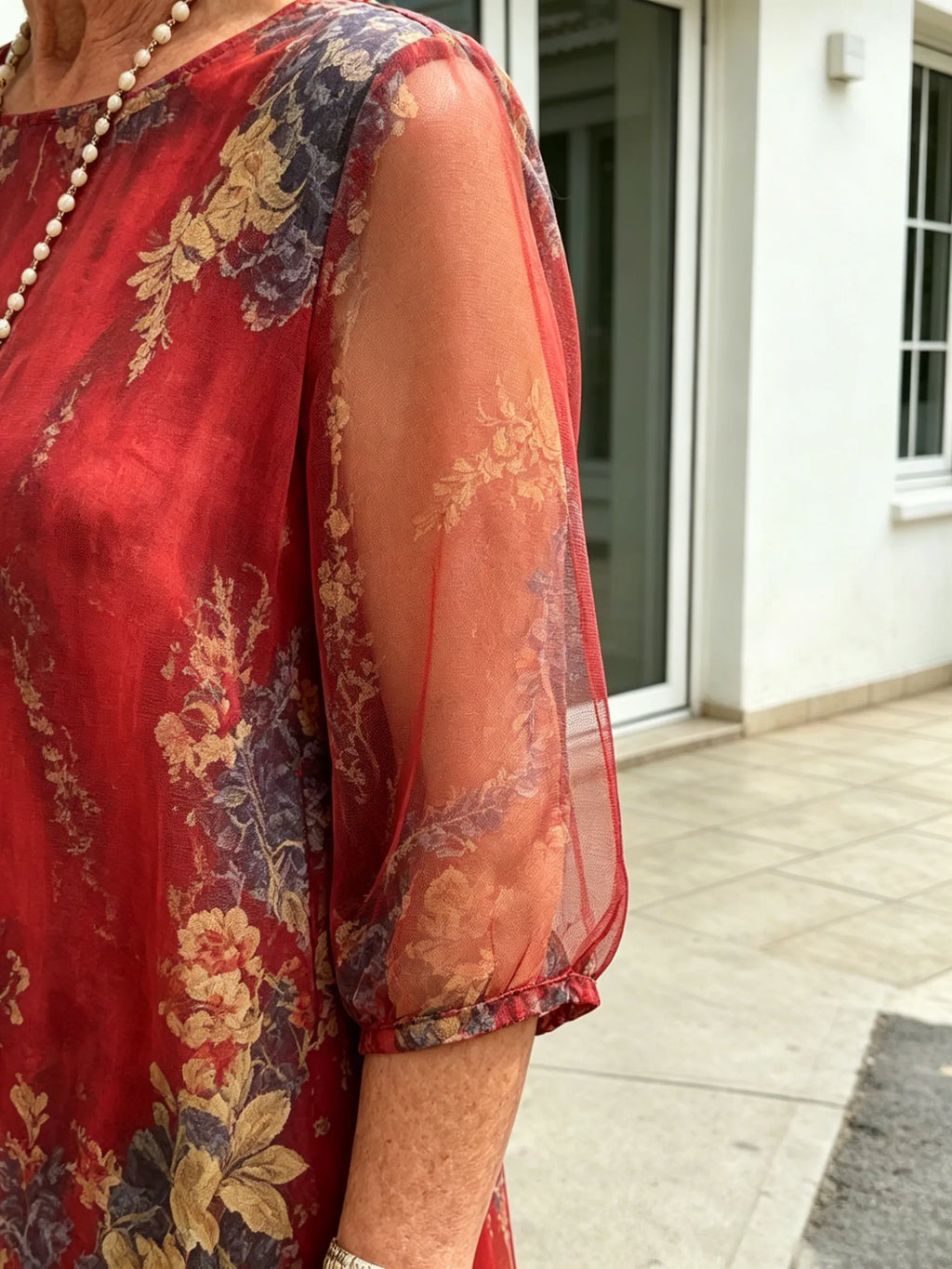 Black Floral Chiffon Midi Dress, Loose Tummy Hiding 3/4 Sleeve Printed Dress for Mature Women