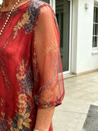 Black Floral Chiffon Midi Dress, Loose Tummy Hiding 3/4 Sleeve Printed Dress for Mature Women