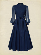 Maxi Cotton Dress, Long Sleeves, Stand Collar, Plain, Belt Design, French Vintage, Blue Purple
