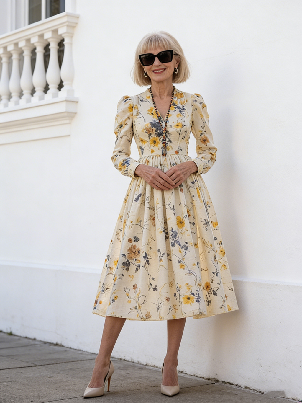 Printed V-neck Waist Long Sleeve A Pendulum Women's Dress Long Dress Literary Retro Fashion Elegant