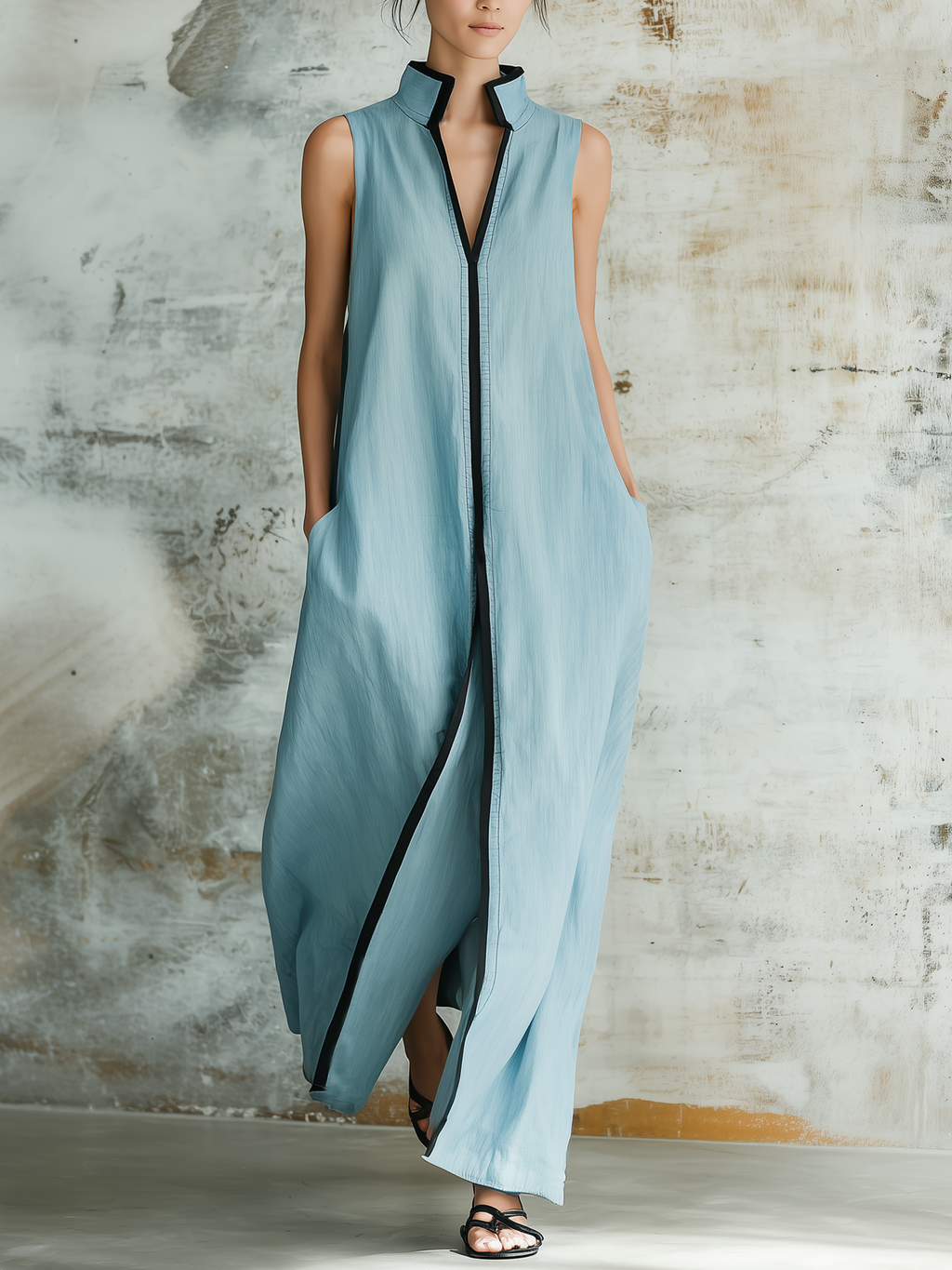 Dusty Blue Linen Blend Sleeveless Maxi Dress