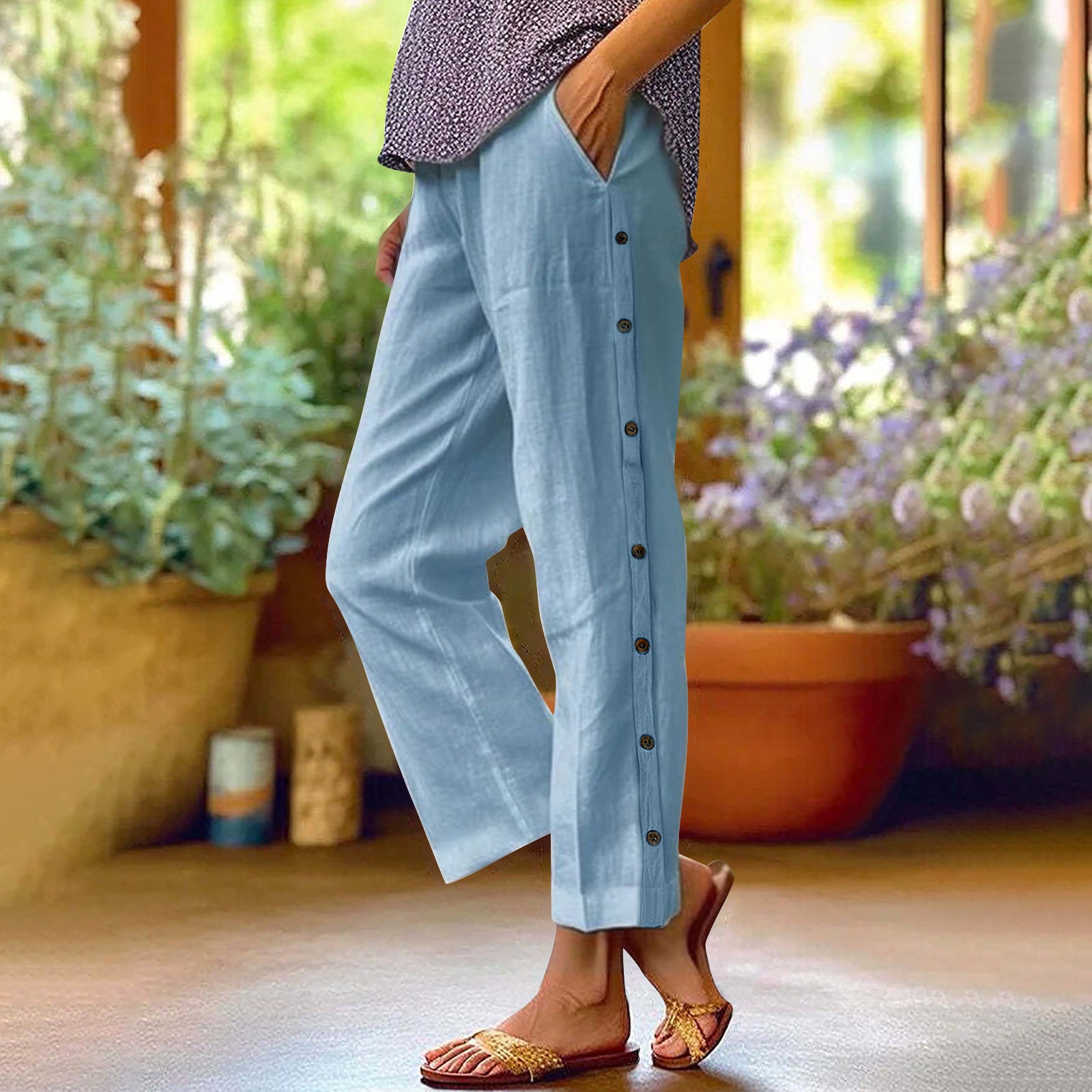 Cotton and Linen Breathable Nine-point Pants Side Seam Decorative Buckle Side Pocket High Waist Loose Casual Pants