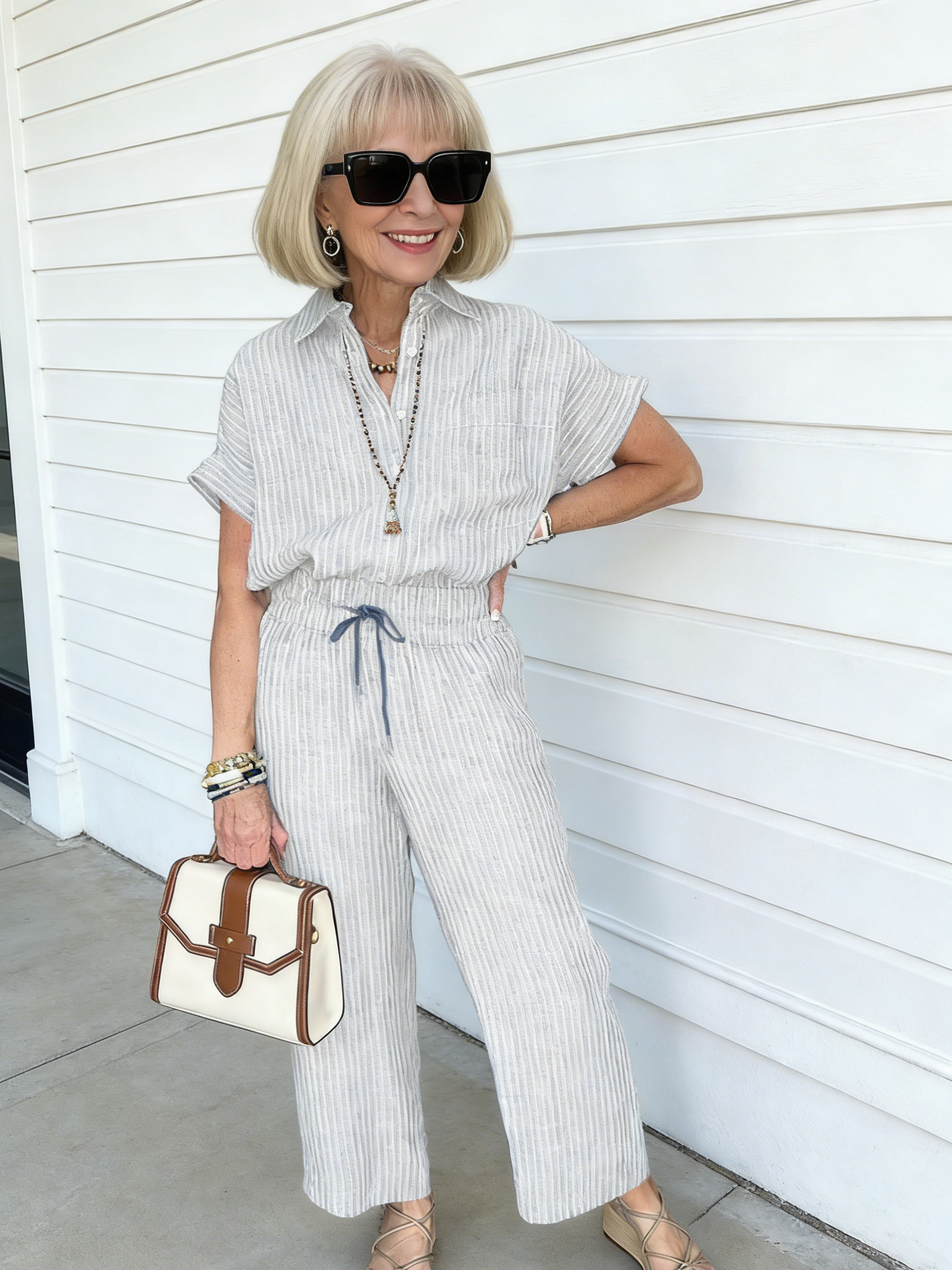 2Pcs Plus Size Cotton and Linen Striped Suit Lapel Short Sleeve Straight Trousers