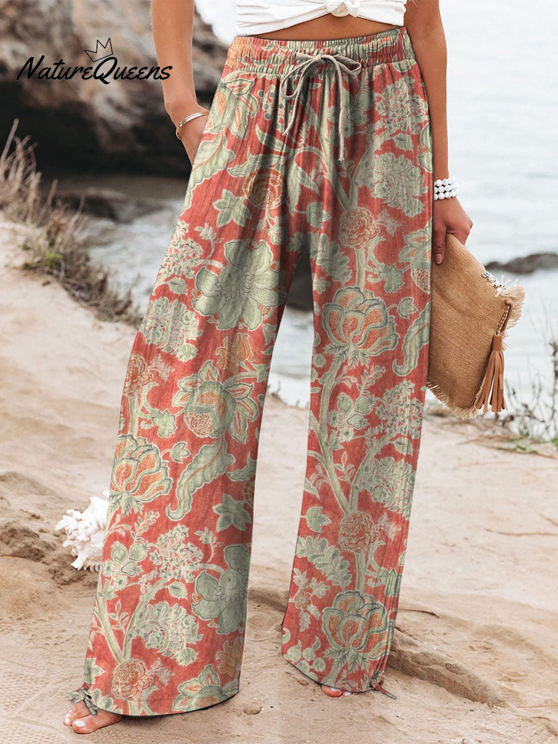 Women's Vintage Lovely Floral Art Printed Cotton And Linen Casual Pants