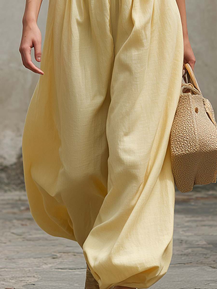 Casual Retro Yellow Sleeveless Ruffled Cotton-linen Top And Wide-leg Pants Set