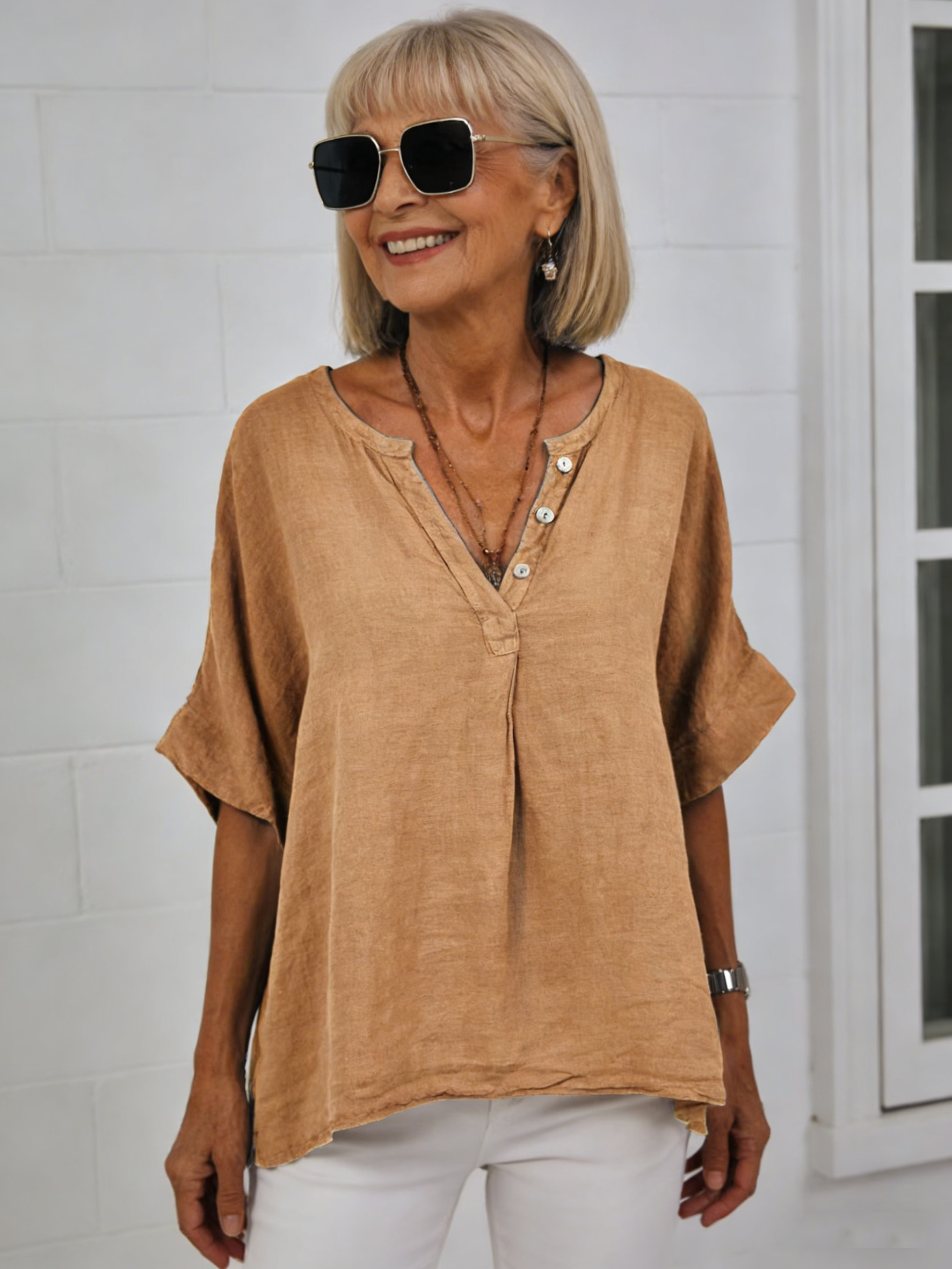 Cotton and Linen Casual Loose Fashion Medium Sleeve Solid Color Door Tube V-neck Button Shirt