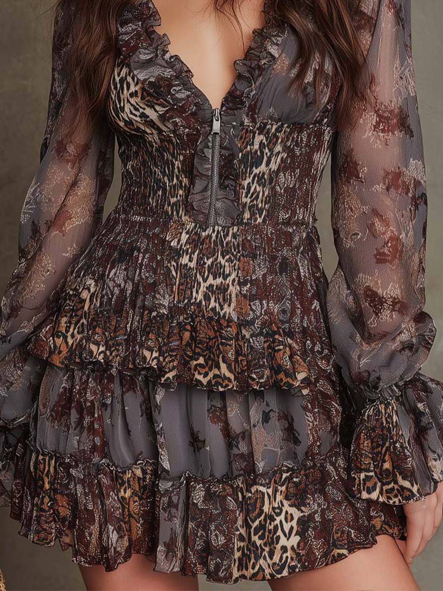 Boho Ruffled Zip-Front Leopard Mixed-Print Mini Dress