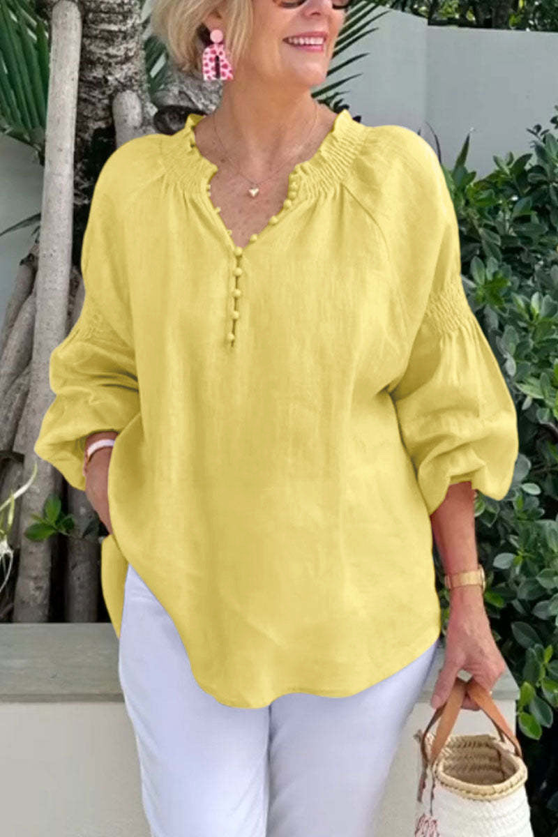 Casual V-neck Solid Color Cotton and Linen Long-sleeved Top