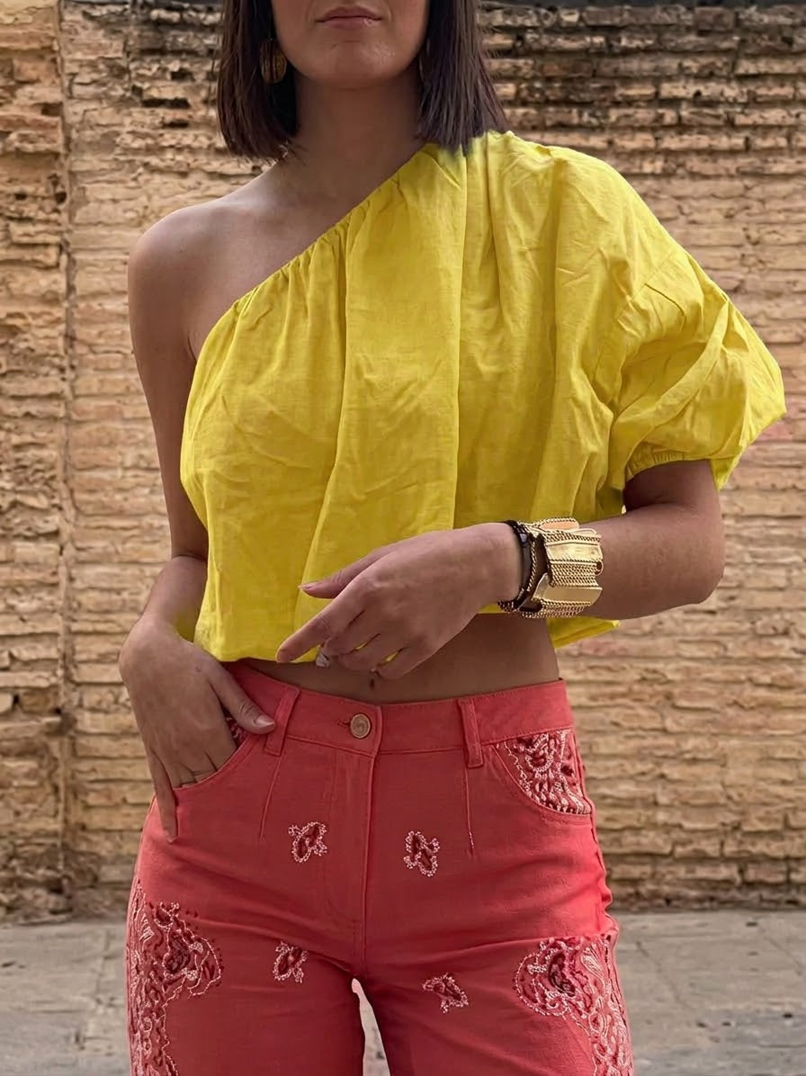 Casual Off-shoulder Linen And Cotton Top