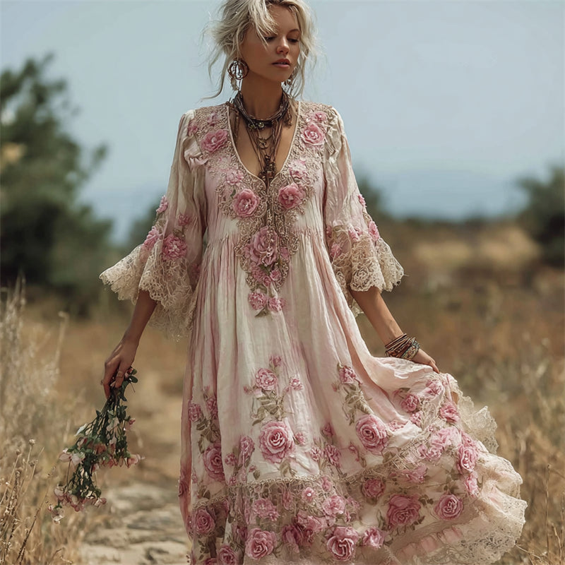 Vintage Pink Roses Art Lace Trim Linen Maxi Dress