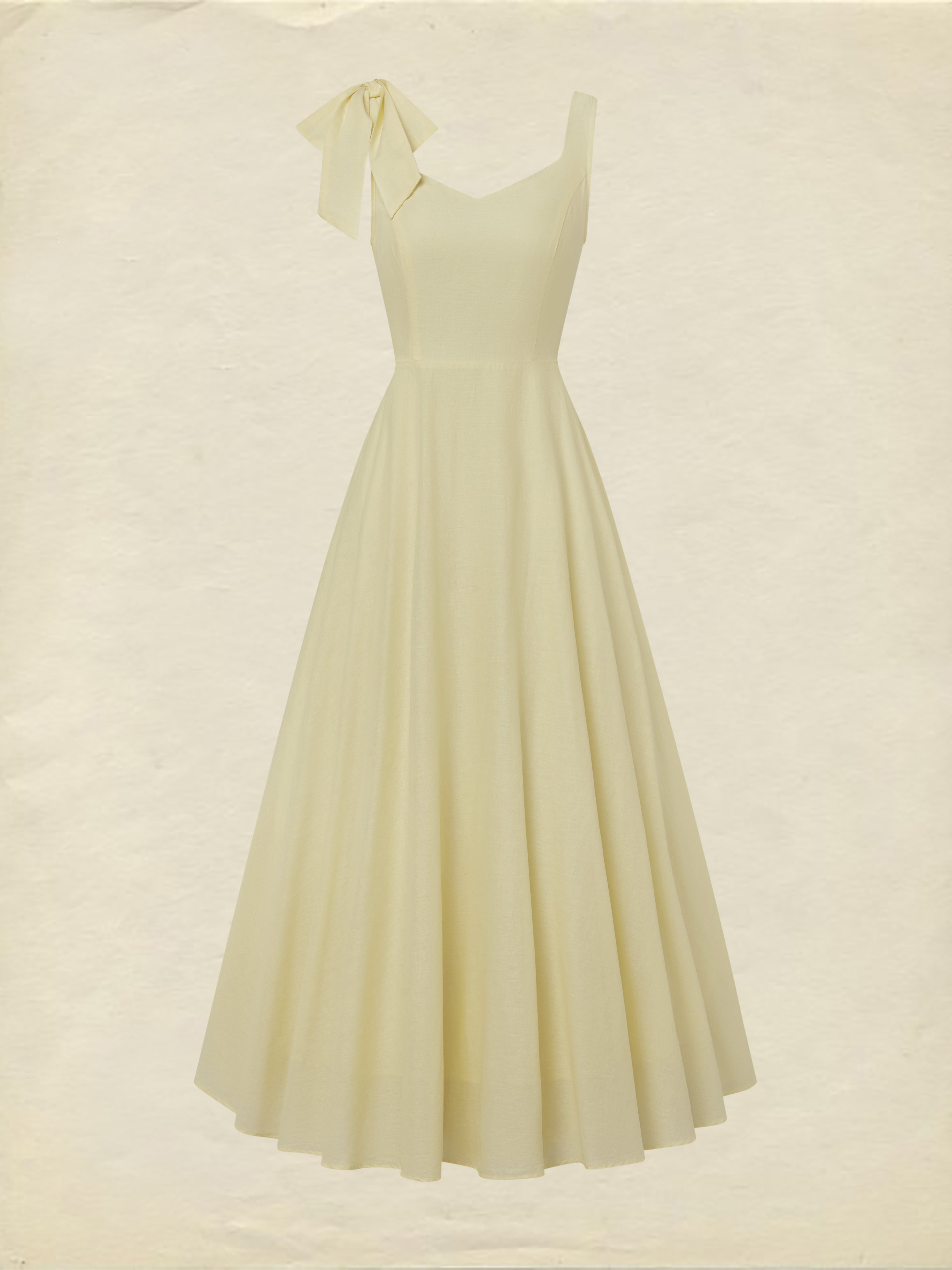 Maxi Linen Dress, Sleeveless, Square Neck, Plain, Bow, French Vintage, Light Yellow