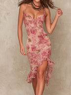 Elegant Blush Floral Ruched Bodycon Midi Dress With Ruffled Hem