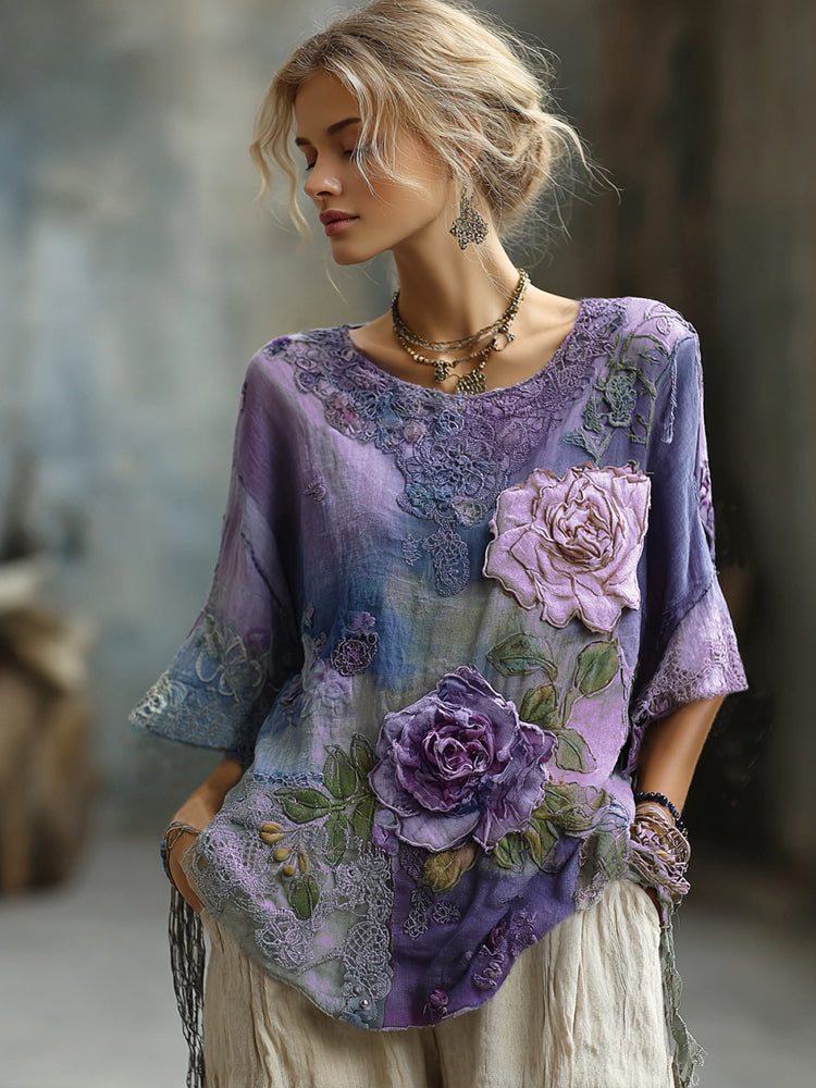 Vintage Bohemian Embroidered Floral Patchwork Linen T-shirt
