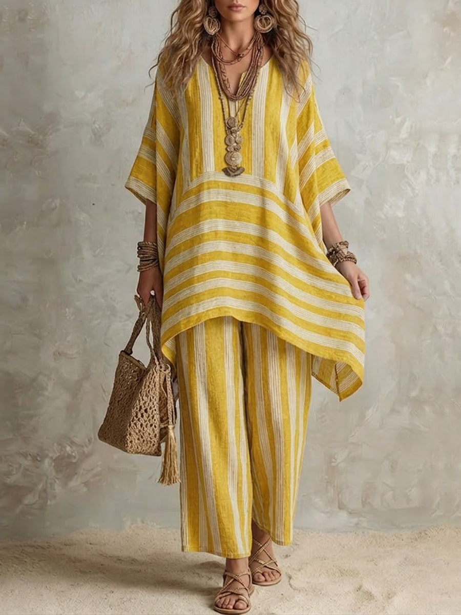 Casual Loose Striped Cotton And Linen Top And Pants Two-piece Set