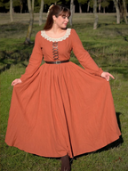 Maxi Cotton Dress, Long Sleeves, Square Neck,  Princess Line, Linen Blend, Orange