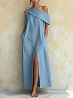 Light Blue Tencel Denim Asymmetrical One Shoulder Maxi Dress