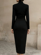 Sleek Black Turtleneck Draped Midi Dress