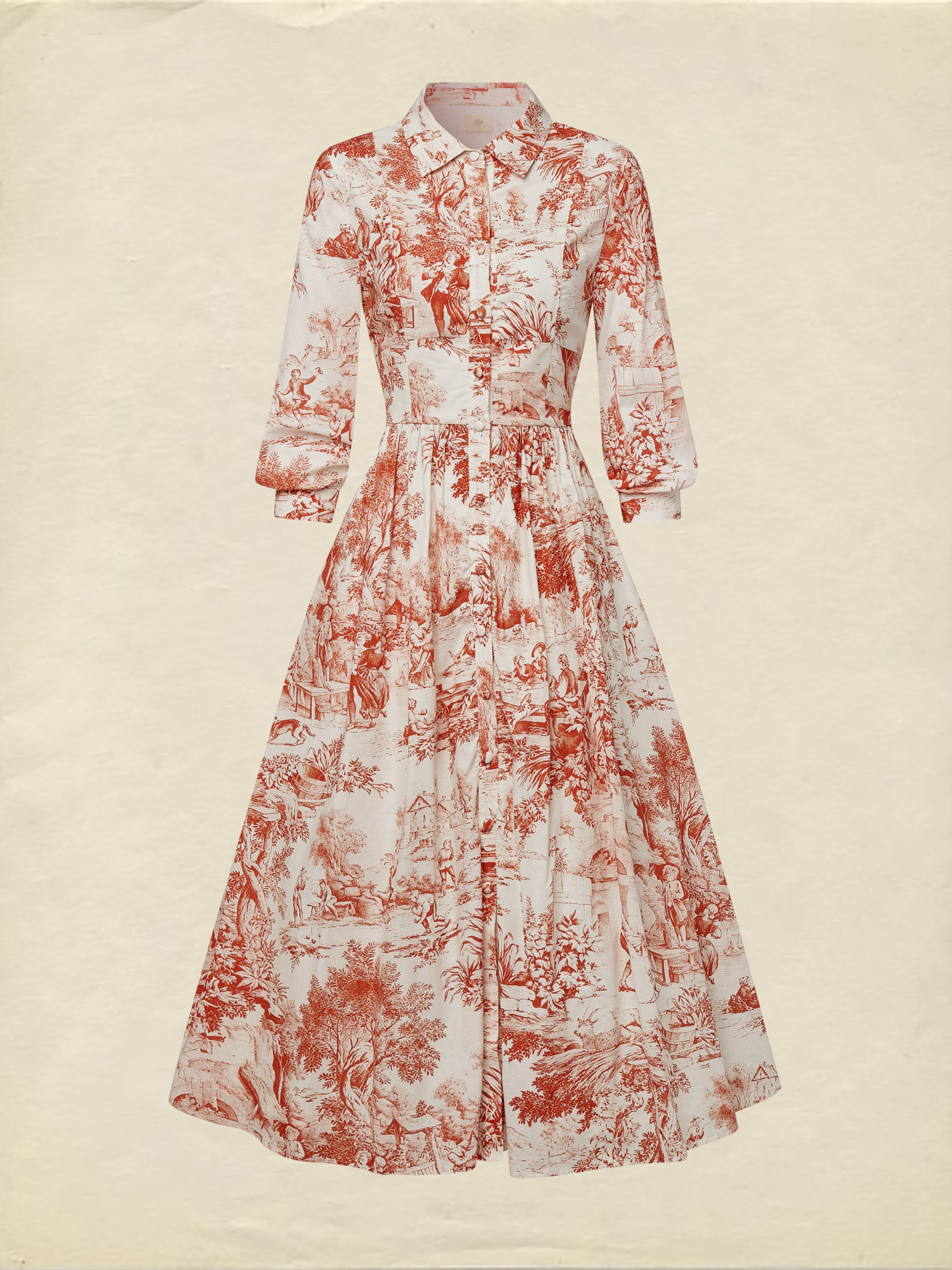 Maxi Linen Dress, Half Sleeve, Shawl Collar, Floral, Button Design, French Vintage, White