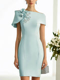 Elegant Pale Blue Green Dress With 3D Floral Shoulder Detail