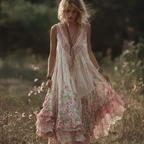 Bohemian Retro Pink Rose Lace Flowing Linen Maxi Dress