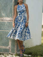 Midi Linen Dress , Sleeveless, Round Neck, Floral, Vacation, Vintage, Blue