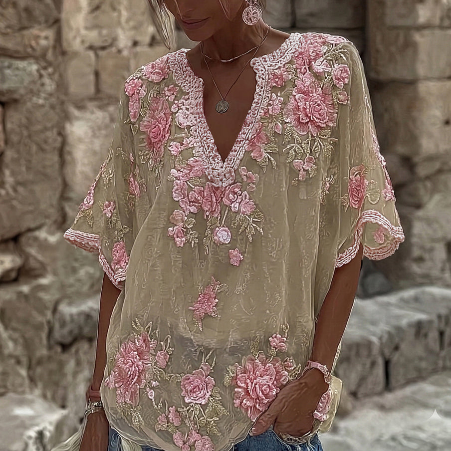 Women's Spring Floral Embroidered Art Print Flowy Linen Blend Casual Tops