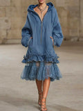 Women's Retro Hooded Zip Ruffled Denim Organza Patchwork Art Casual Maxi Dress