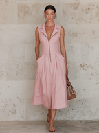 Blush Pink Cotton-Linen Blend Zip-Front Sleeveless Midi Dress