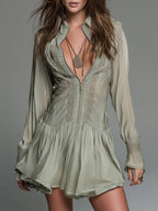 Bohemian Style Chiffon Mini Dress With Ruffled Hem And Lace Trim