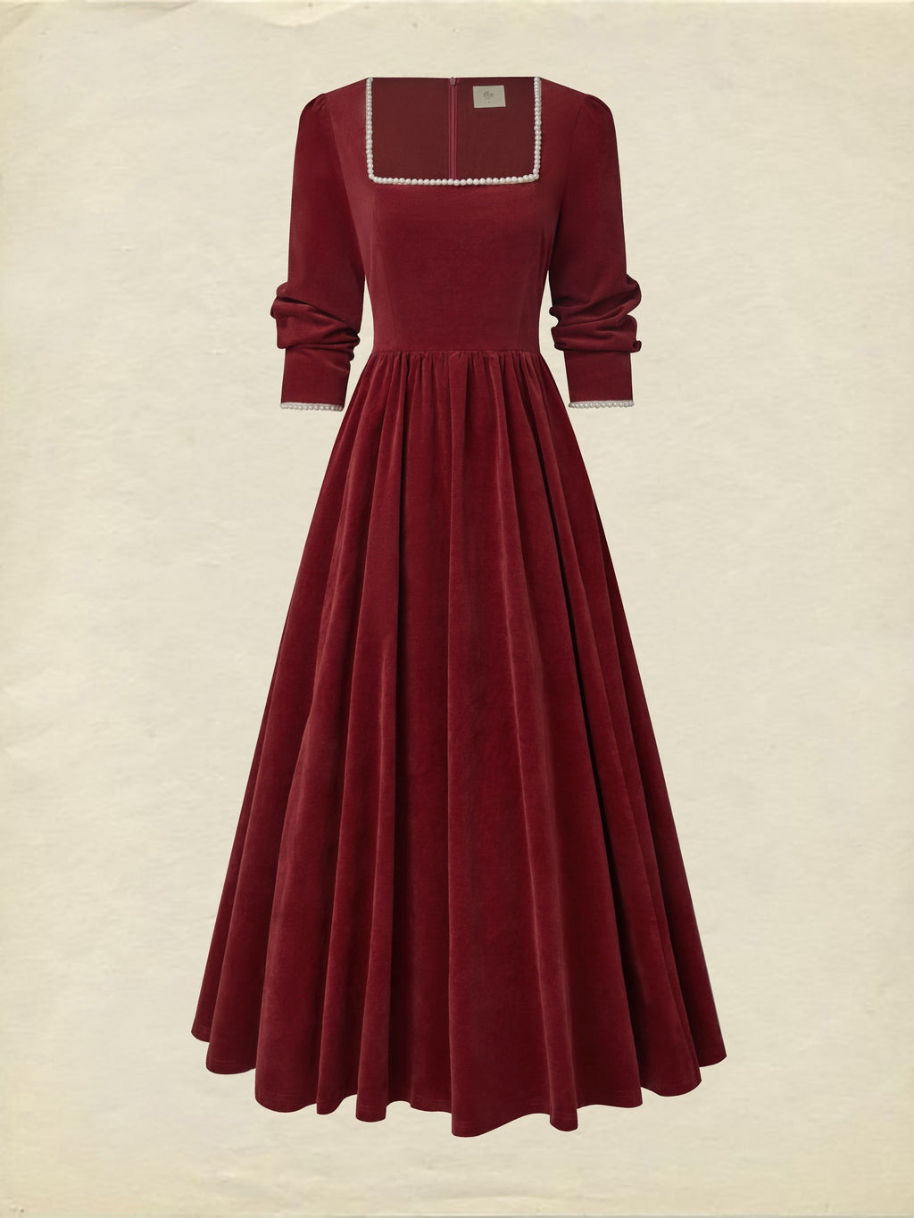 Maxi Cotton Dress, Half Sleeve, Square Neck, Plain, Pocket Design, Vintage, Red