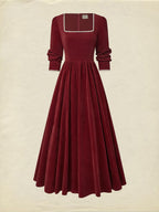 Maxi Cotton Dress, Half Sleeve, Square Neck, Plain, Pocket Design, Vintage, Red