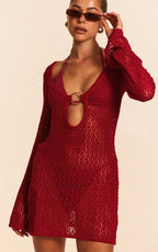 Burgundy Crochet O Ring Mini Beach Dress