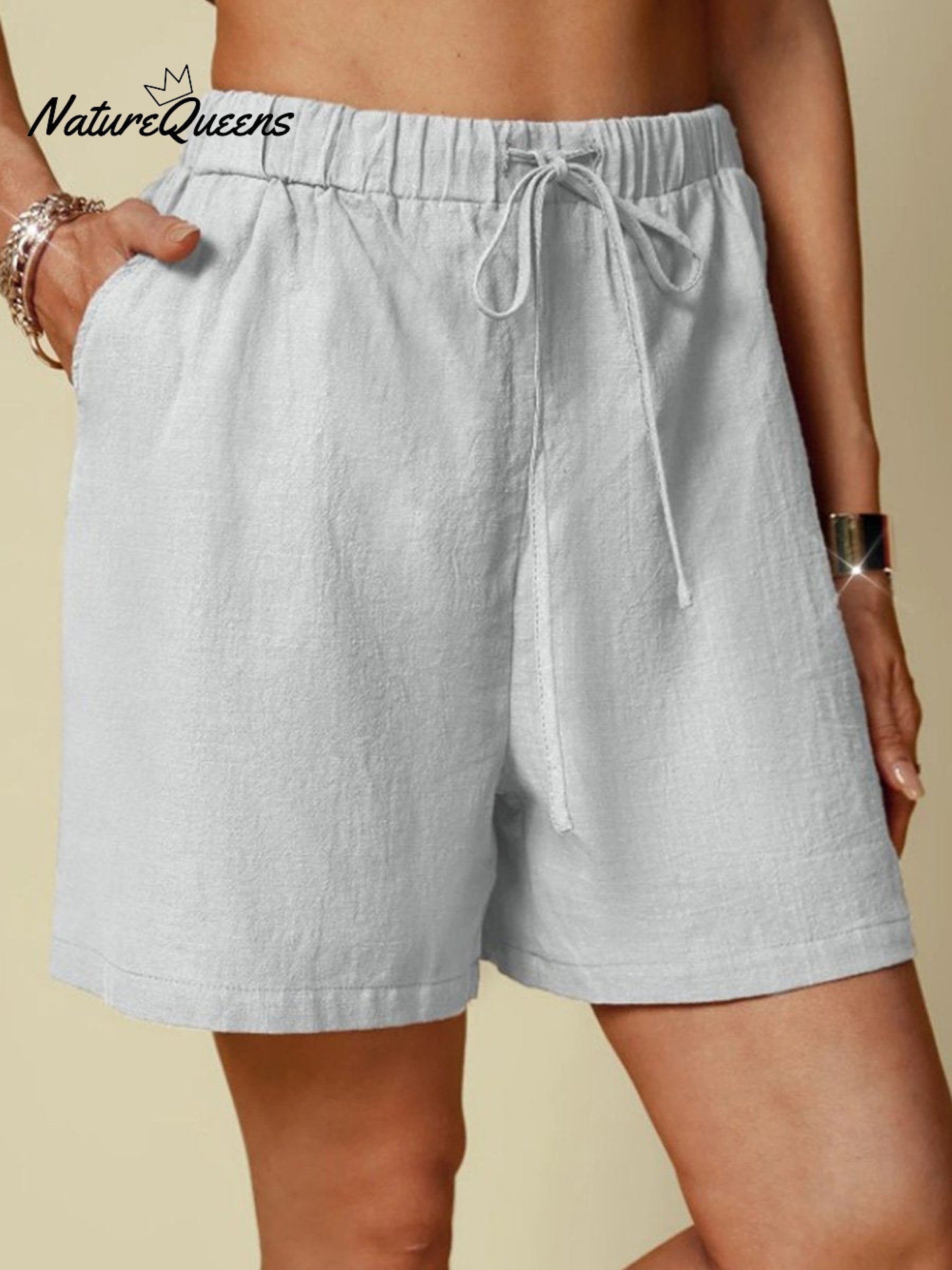Cotton And Linen Solid Colour Casual Elastic Waist Tie Style Shorts