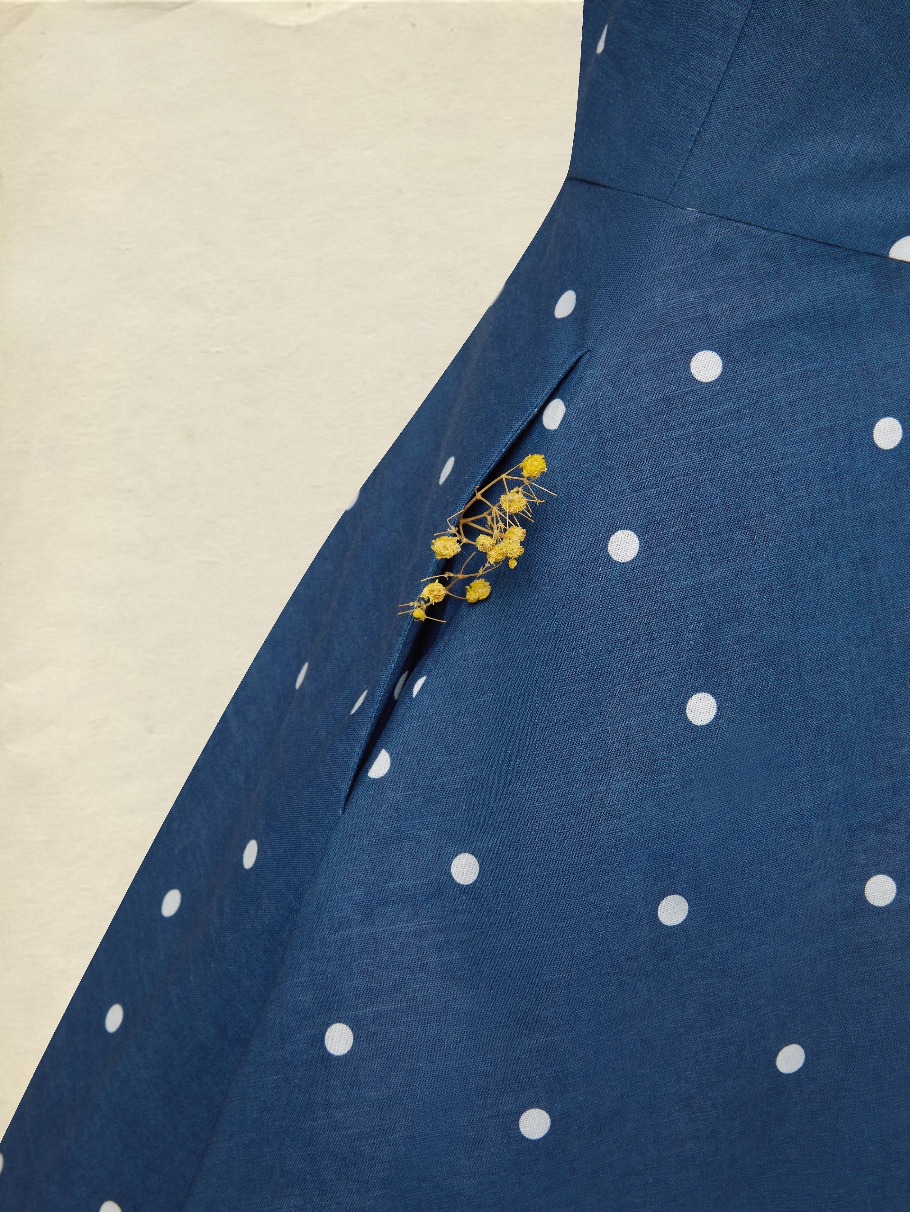 Midi Cotton Dress, Sleeveless, Square Neck, Polka Dots, Pocket Design, French Vintage, Deep Blue