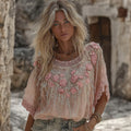 Women's Pink Flower Embroidery Art Crew Neck Short Sleeve T-shirt