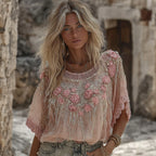Women's Pink Flower Embroidery Art Crew Neck Short Sleeve T-shirt