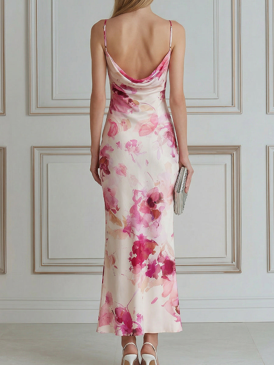 Cowl-Neck Floral Print Bodycon Maxi Dress