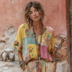 Women's Bohemian Floral Embroidery Patchwork Art Round Neck Linen Blend T-shirt